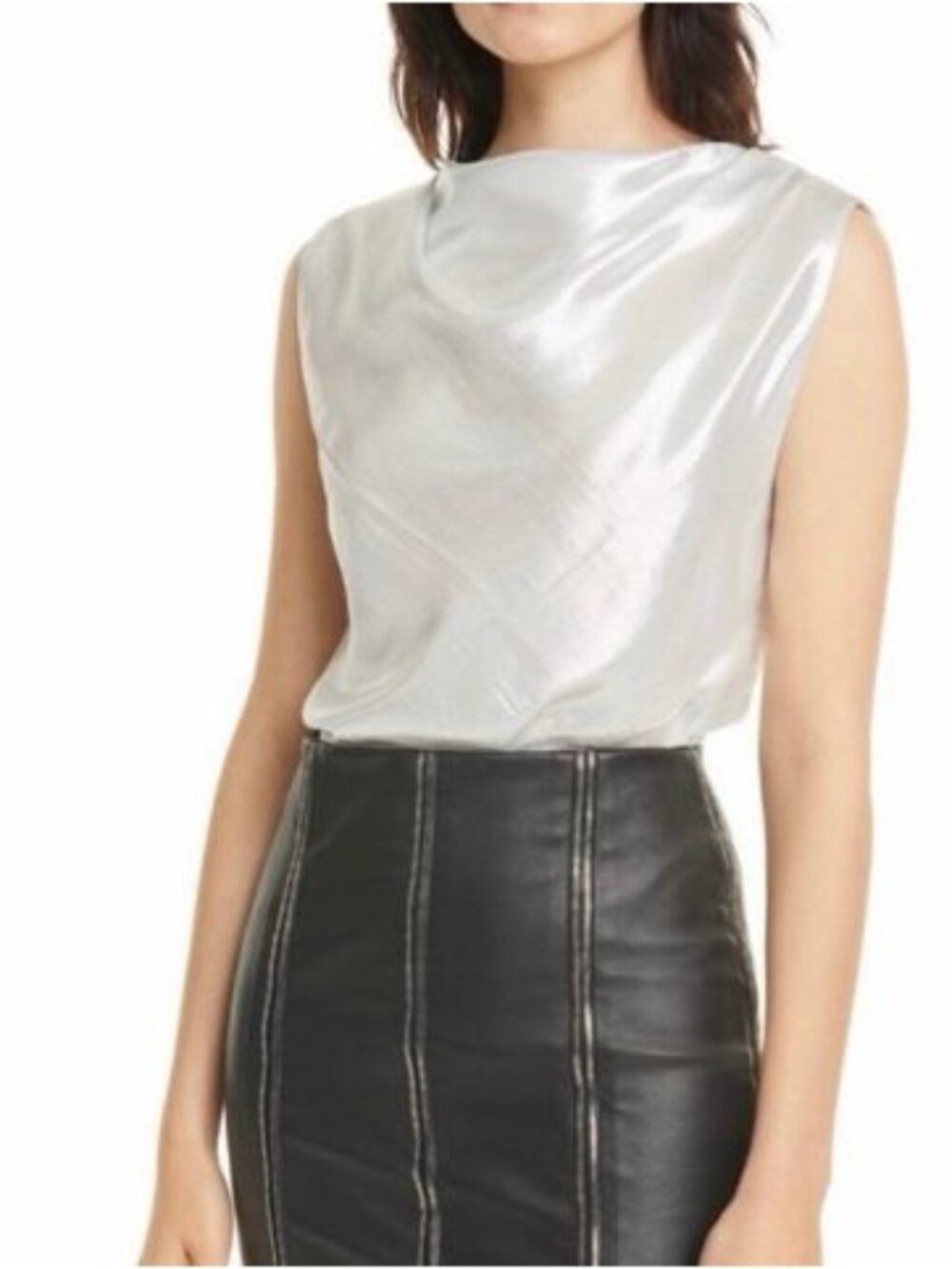 NWOT RtA Selma Metallic Silver Silk Lurex Cowl Neck Sleeveless Top Size Small